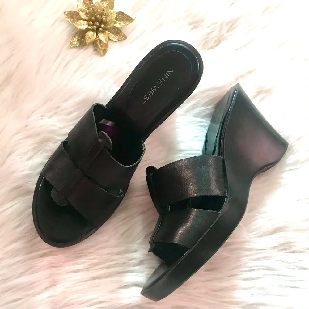 Nine West Y2K Perk Me Up Leather Slide Wedge Black Sandal Size 6.5 - Picture 2 of 7
